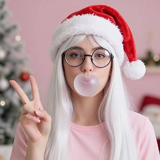 Photograph of a young woman with long white hair, wearing a red Santa hat, round glasses, blowing bubble gum, and making a peace sign against