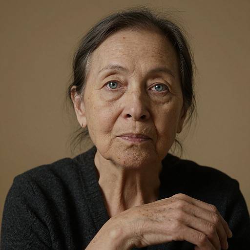 Photograph of an elderly woman with fair skin, blue eyes, and black hair, wearing a black textured sweater, against a beige background. She gaz