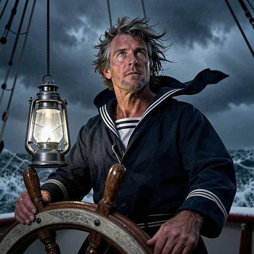 Photograph of a rugged, middle-aged man with wind-swept gray hair, wearing a black sailor uniform, gripping a ship's wheel under a