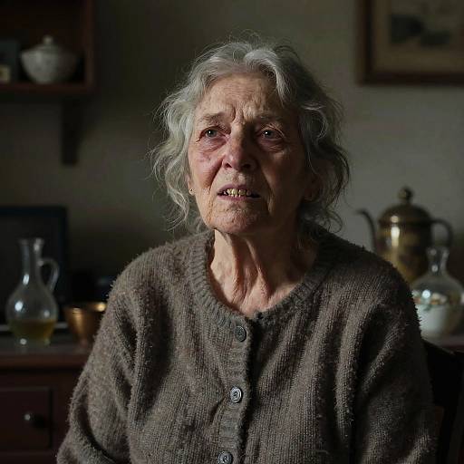 Photograph of an elderly woman with gray, wavy hair, wearing a brown, buttoned sweater, in a dimly lit room with kitchen items