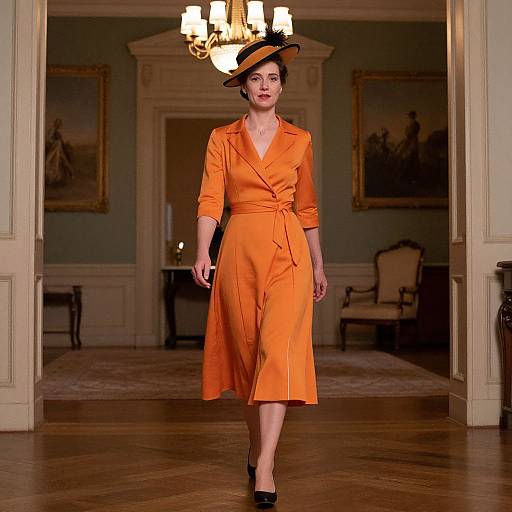 Photograph of a fair-skinned woman in an orange dress and black hat, walking confidently in a luxurious, dimly-lit room with chandelier