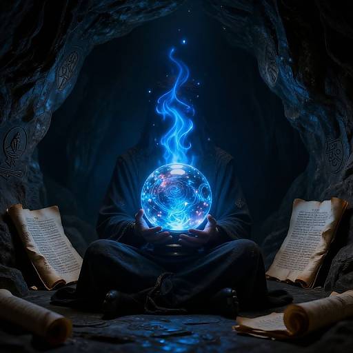 Photograph of a hooded figure with a glowing blue crystal sphere on their head, surrounded by ancient scrolls in a dark, cave-like setting.