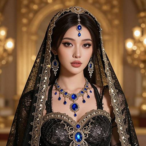Photorealistic digital portrait of an Indian woman in elaborate black and gold bridal attire with blue gemstone jewelry, veil, and detailed jewelry, set against