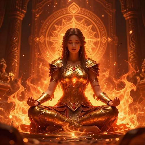 Digital artwork of a serene, armored woman with long brown hair meditating in fiery flames, seated cross-legged before a glowing, mystical circular symbol.
