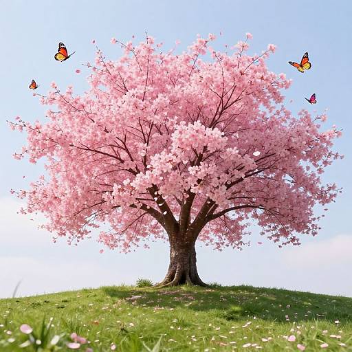 Photograph of a vibrant pink cherry blossom tree with three orange butterflies, standing on a green grassy hill under a clear blue sky.