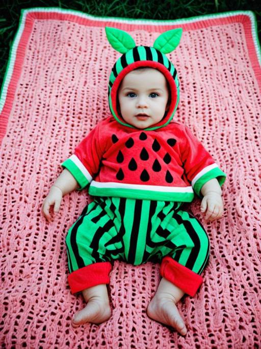 Baby in Watermelon Costume on Pink Blanket