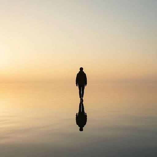 Silhouette of a person standing alone on a calm, reflective water surface at sunset, with a mirrored reflection below.