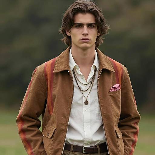 Young Man in Brown Boho-Chic Jacket Outdoors