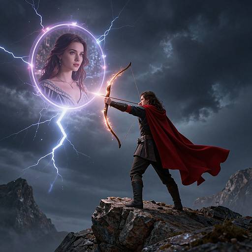 Photorealistic fantasy image: Warrior archer with red cape, aiming glowing bow at floating, lightning-encircled woman, rocky mountain landscape background