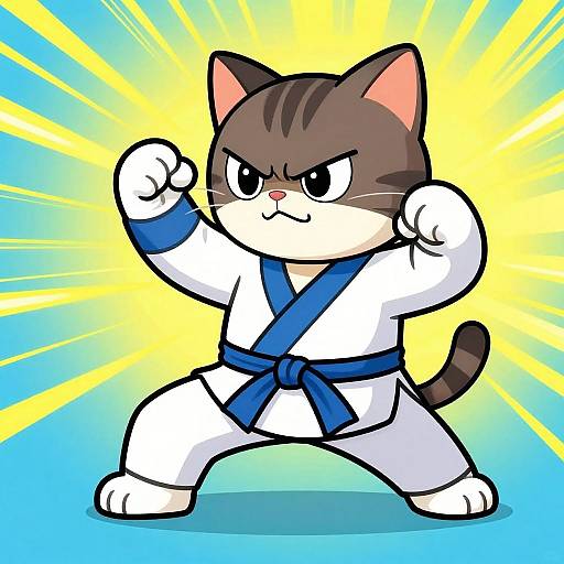 Cartoon cat with brown and white fur, wearing a blue-belted white karate gi, striking a confident fighting stance against a vibrant yellow and