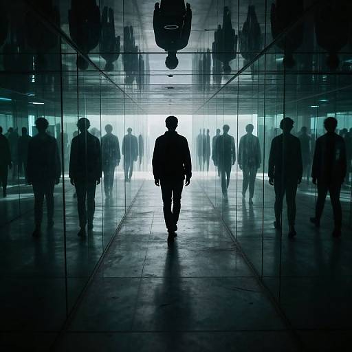 Photograph of a silhouetted man walking down a futuristic, glass-walled corridor with blurred, shadowy figures in the background. Blue-t