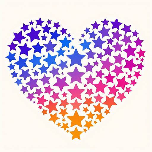Digital illustration of a heart-shaped cluster of colorful stars, transitioning from blue at the top to orange at the bottom.
