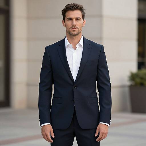 Photograph of a handsome, young Caucasian man with short brown hair, light stubble, wearing a black suit and white dress shirt, standing in front