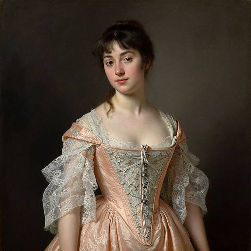 Photograph-style painting of a fair-skinned woman with dark hair, wearing an 18th-century peach gown with lace sleeves and intricate silver embroidery,