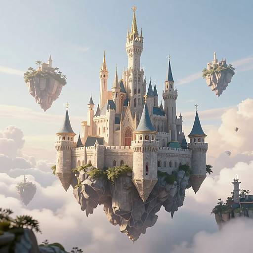 Fantastical CGI castle floating among clouds, surrounded by smaller island-castles with greenery, under a bright blue sky. Detailed architecture and whims