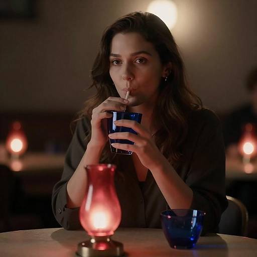 Woman Sipping at Dimly Lit Table