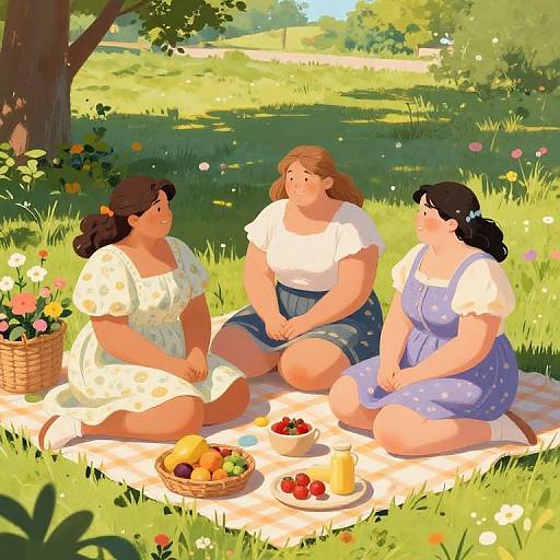 Digital illustration of three plus-sized women with light skin, sitting on a picnic blanket in a sunny, flower-filled meadow, enjoying fruit and berries with