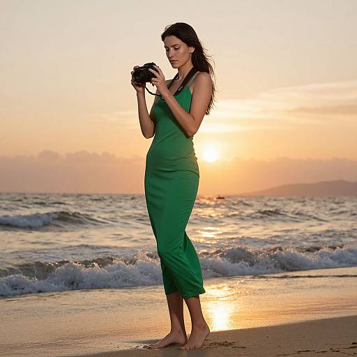 Photograph of a pregnant woman in a green dress, barefoot, holding a camera at sunset on a beach with gentle waves.