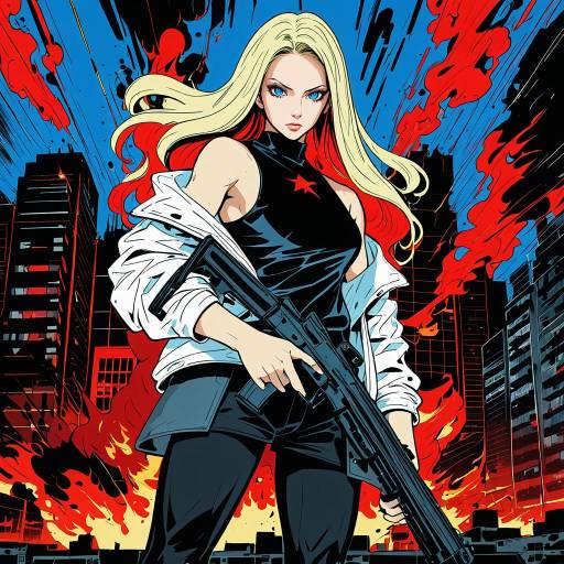 Bold Warrior Woman in City Chaos