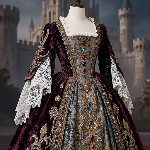 Photograph of an ornate, Victorian-style dress with purple velvet, gold embroidery, lace sleeves, and colorful gemstones, displayed against a medieval castle