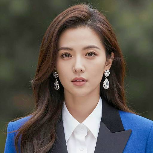 Elegant woman in blue jacket with diamond earrings
