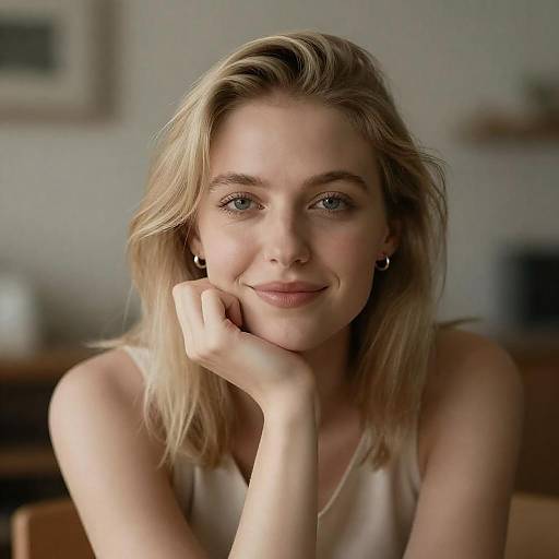 Smiling Blonde Woman Resting Chin on Hand