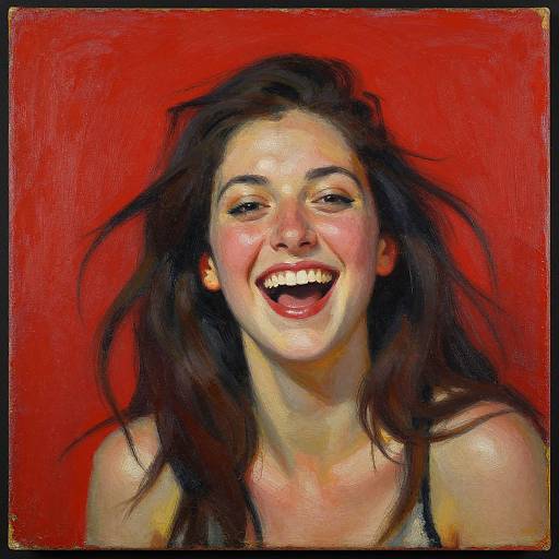 Digital painting of a smiling young woman with long brown hair, fair skin, and bright red background, wearing a black tank top.