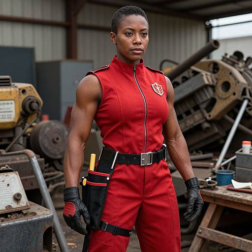 Photograph of a muscular Black woman in a red sleeveless jumpsuit, black gloves, and utility belt, standing in a cluttered industrial workshop with