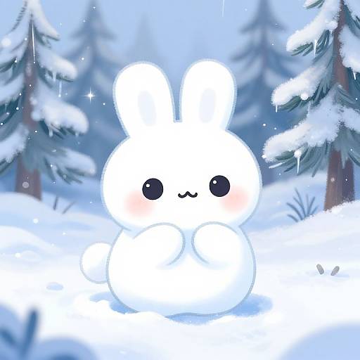 Cute digital illustration of a white, fluffy bunny with black eyes and a small smile in a snowy forest, surrounded by snow-covered pine trees and twink