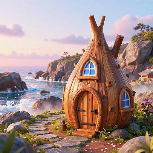 Whimsical wooden hobbit house with blue windows on rocky coastal path, surrounded by flowers and ocean waves at sunset. Digital art.