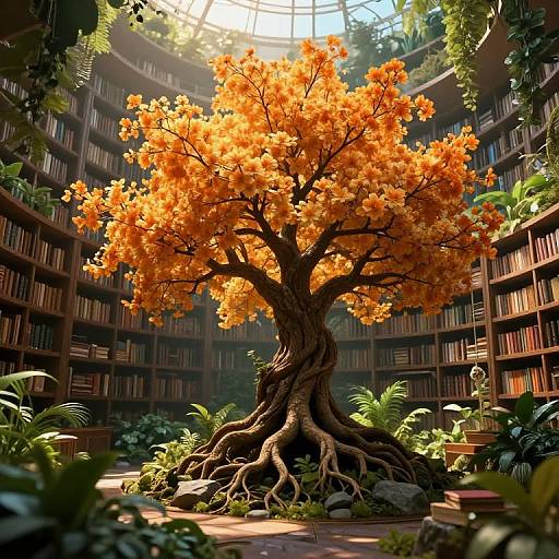 Cyberpunk Library with Golden Blossom Tree