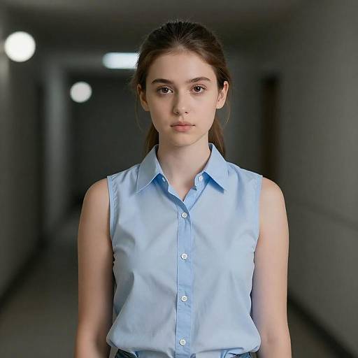 Young Woman in Dimly Lit Corridor