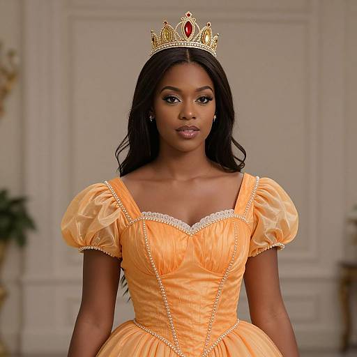 Photograph of a Black woman with long black hair, wearing a gold crown and an orange, puffed-sleeve, princess-style dress with white