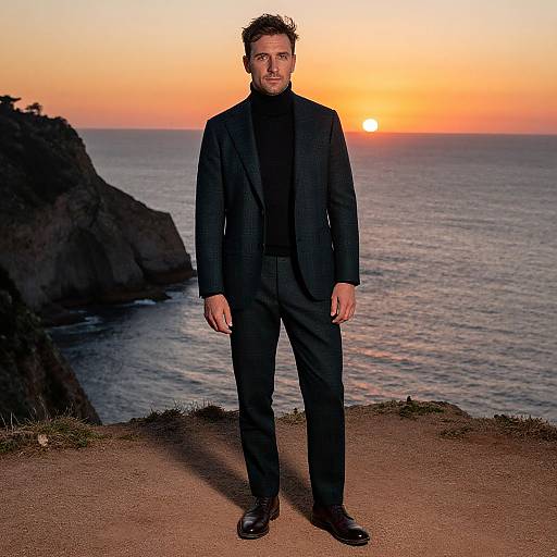 Photograph of a handsome man with short brown hair, dressed in a black suit and black turtleneck, standing on a coastal cliff at sunset with