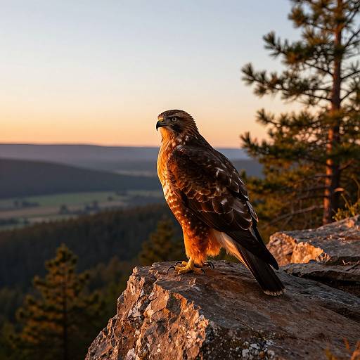 Hawk Resting on Rocky Cliff at Sunset