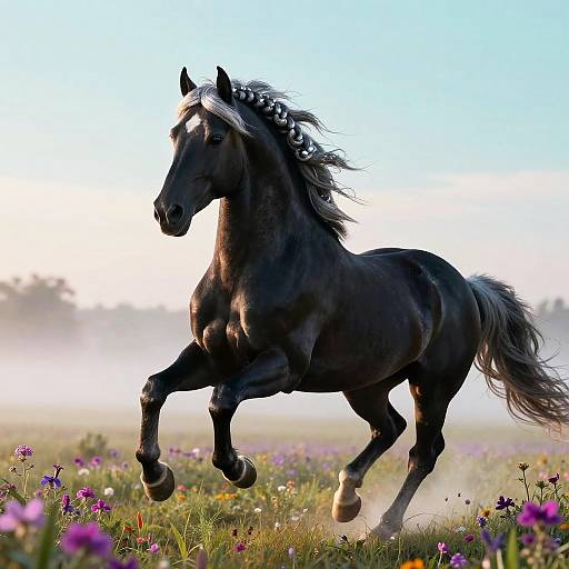 Sleek Black Stallion at Dawn