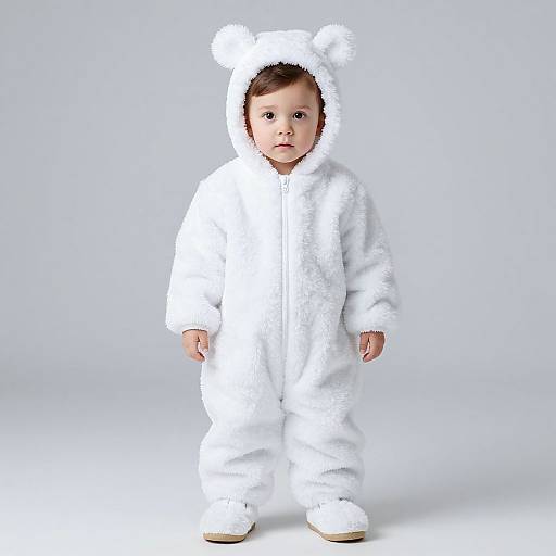 Photograph of a baby with light skin, brown hair, wearing a fluffy white bear costume with bear ears, standing against a plain white background.