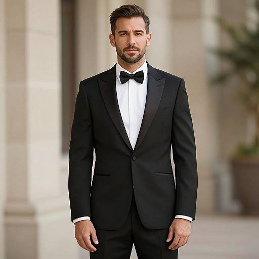 Photograph of a handsome, bearded man with short dark hair, wearing a black tuxedo with a white shirt and black bow tie, standing
