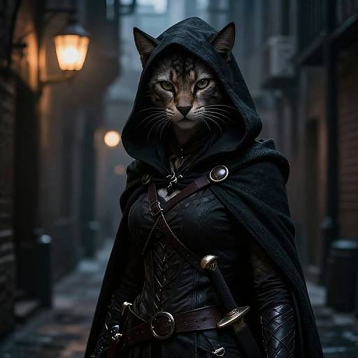 Digital art of a fierce tabby cat in a dark, hooded fantasy cloak, standing in a dim, narrow alley with glowing lanterns.