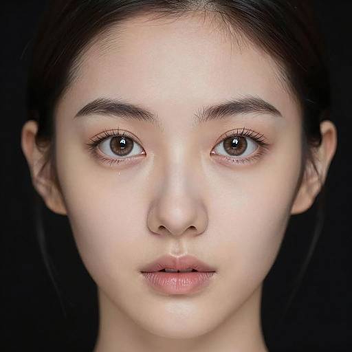 Close-up photograph of an Asian woman with fair skin, dark hair, and large, expressive brown eyes, set against a black background.
