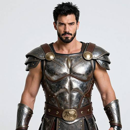 Photorealistic CGI of a muscular, bearded man with short black hair wearing shiny silver and brown ancient Roman-style armor, white background.