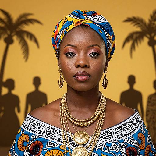 Photograph of an African woman with dark skin, wearing colorful traditional dress and headwrap, adorned with gold jewelry, set against a yellow sunset with palm