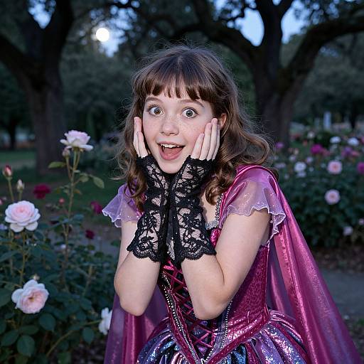Photograph of a surprised young woman with fair skin and brown hair, wearing a pink lace dress, black lace gloves, and pink cape, surrounded by