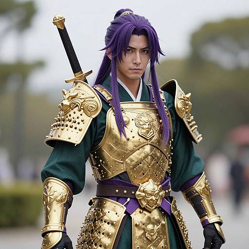 Photorealistic digital image of a serious, purple-haired samurai in ornate golden armor with intricate designs, standing outdoors with blurred greenery background.