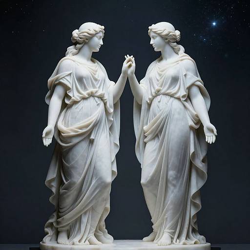 Photograph of two white marble statues of classical-style women in flowing robes, holding hands, against a dark starry background.