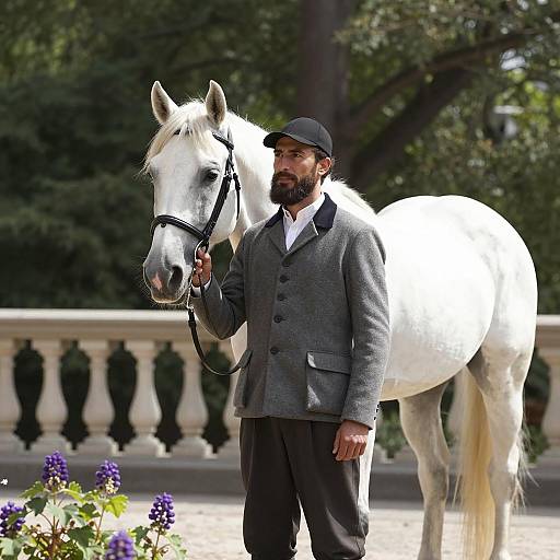 Man in Traditional Attire with White Horse