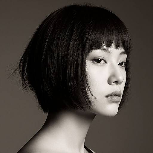 Black-and-white photograph of an East Asian woman with a short, straight bob haircut, gazing to the right, high-contrast lighting.