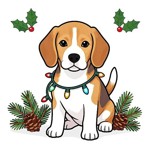 Cute digital illustration of a Beagle puppy with Christmas lights, sitting among pine branches and holly, with holly leaves above.