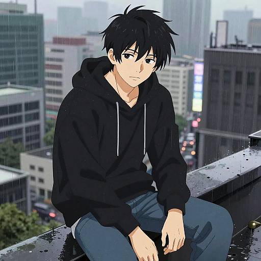 Anime-style digital drawing of a black-haired, pensive young man in a black hoodie and jeans, sitting on a rainy city rooftop.