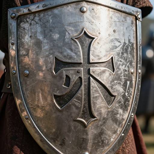 Close-up photograph of a shiny, metallic, medieval-style shield with a prominent, raised cross and weathered texture, fastened with rivets.